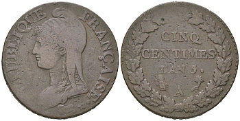 Франция 5 сантимов 1796 AN 5 А, Исполнительная директория (1795-1799) KM 640 медь 4616-415