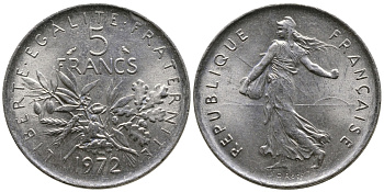 Франция 5 франков 1972 сеятель KM 926a.1, Le Franc 341.4 медно-никель плакированный никелем 4680-121