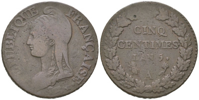 Франция 5 сантимов 1796 AN 5 А, Исполнительная директория (1795-1799) KM 640 медь 4616-415