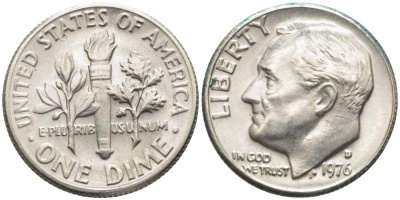 США 10 ЦЕНТОВ = 1 ДАЙМ 1976 РУЗВЕЛЬТ KM 195а медь плакированная медно-никелем 112-421