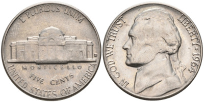 США 5 центов 1964 D, Джефферсон KM А192 медно-никель 92-1117