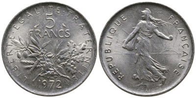 Франция 5 франков 1972 сеятель KM 926a.1, Le Franc 341.4 медно-никель плакированный никелем 4680-121