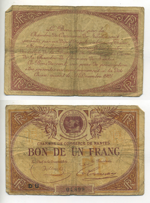 ФРАНЦИЯ 1 ФРАНК ND РЕГИОНАЛЬНЫЙ БОН, КОМЕРЧЕСКАЯ ПАЛАТА ГОРОДА НАНТА, ДЕЙСТВИТЕЛЕН ДО 24 ДЕКАБРЯ 1924 бумага 7552-31-4-2