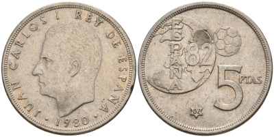 Испания 5 песет 1980 (82) Хуан Карлос I (1975 - 2014) KM 817 медно-никель 4155-811
