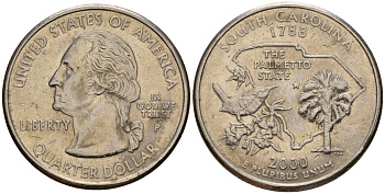 США 25 центов = квотер 2000 P, серия штаты США, Южная Каролина KM 307 медь плакированная медно-никелем 4603-1142