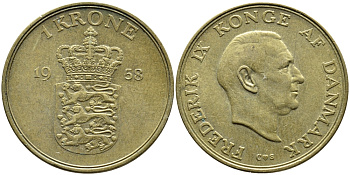 ДАНИЯ 1 КРОНА 1958 ФРИДЕРИК IX KM 837.2 алюминиевая бронза 4391-1241