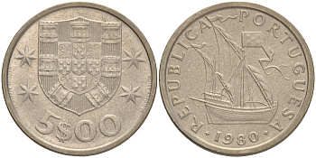 ПОРТУГАЛИЯ 5 ЭСКУДО 1980 ПАРУСНИК KM 591 медно-никель 4561-751