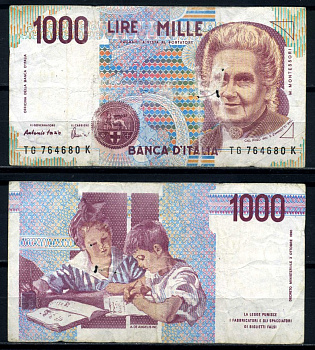 Италия 1000 лир 1990 Мария Монтессори Pick 114c 8621-24-1-1