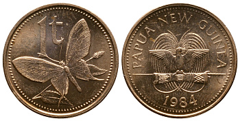 Папуа-Новая Гвинея 1 тойя 1984 бабочка KM 1 бронза UNC 261-525