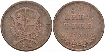 Австрия, Зальцбург 1 крейцер 1797 S.B. KM 264a (193a), Zttl 3351, Probszt 2556 медь 3896-642