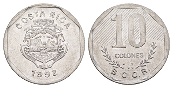 Коста-Рика 10 колонов 1992 B.C.C.R. KM 215.1 нержавеющая сталь 4163-134