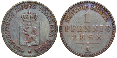 Рейсс-Гера 1 пфенниг 1858 A, Генрих LXVII (1854-1867) KM 69, Jaeger 129, AKS 40 медь    220-936