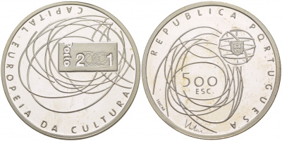 Португалия 500 эскудо 2001 Порту - Культурная столица Европы KM 733a серебро  PROOF 1088-4-22