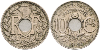 Франция 10 сантимов 1936 тип Lindauer KM 866а, Le Franc 138.23 медно-никель 4584-414