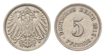 Германия 5 пфеннигов 1912 F, Вильгельм II (1888-1918) KM 11, J. 12 медно-никель 4636-258