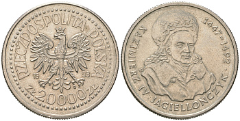 Польша 20000 злотых 1993 серия Польские короли, Казимир IV Ягайлович (1447-1492) KM 256 медно-никель  UNC 4512-1044