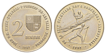 Андорра 2 динера 1987 XXV летние Олимпийские Игры и XVI зимние Олимпийские игры, монетное соотношение KM 46 медно-никель UNC 4653-234