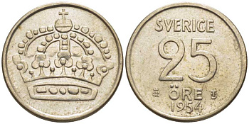 Швеция 25 эре 1954 TS, Густав VI Адольф (1950-1973) KM 824 серебро 116-1147