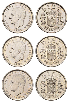 Испания полный набор выпуска из 3 (10 песет) 1983, 1984 и 1985 Хуан Карлос I (1975-2014) KM 827 медно-никель aUNC 3458-347-349