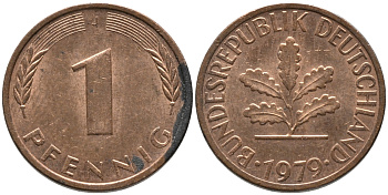 ФРГ 1 пфеннига 1979 J KM 105, J. 380 сталь плакированная медью 99-1258