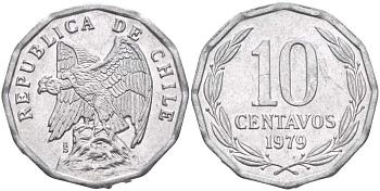 Чили 10 сентаво 1979 KM 205a алюминий 4402-447