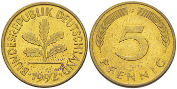 ФРГ 5 ПФЕННИГОВ 1992 F KM 107, J. 382 сталь плакированная латунью 4181-1037