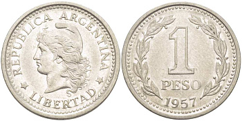 Аргентина 1 песо 1957 голова свободы влево KM 57 сталь плакированная никелем 4514-931