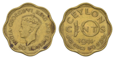 Цейлон 10 центов 1944 KM 118 никель латунь 4625-653