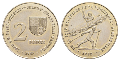 Андорра 2 динера 1987 XXV летние Олимпийские Игры и XVI зимние Олимпийские игры, монетное соотношение KM 46 медно-никель UNC 4653-234