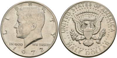 США 1/2 доллара (50 центов) 1972 Джон Кеннеди KM 202b медь плакированная медно-никелем 4364-3832