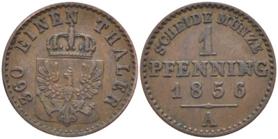 ПРУССИЯ 1 ПФЕННИГ 1856 А, ФРИДРИХ ВИЛЬГЕЛЬМ IV (1840-1861) KM 451 медь 201-537