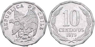 Чили 10 сентаво 1979 KM 205a алюминий 4402-447
