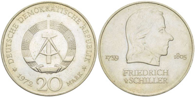 ГДР 20 марок 1972 А, Фридрих Шиллер (1759-1805) KM 40 медно-никель 4521-711