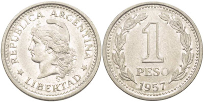 Аргентина 1 песо 1957 голова свободы влево KM 57 сталь плакированная никелем 4514-931