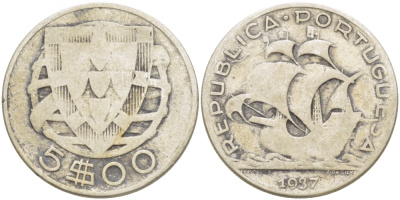 ПОРТУГАЛИЯ 5 ЭСКУДО 1937 ПАРУСНИК KM 581 серебро 603-1342
