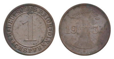 Германия 1 рейхспфенниг 1934 A KM 37, J. 313 бронза 4644-1048