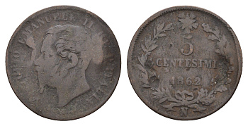 Италия 5 чентезимо 1862 N, Виктор Эммануил II (1861-1878) KM 3 медь 4700-1224