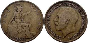 Великобритания 1 пенни 1913 Георг V (1910-1936) KM 810, Spink 4051 бронза 57-1024