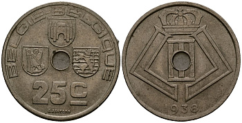 Бельгия 25 сантимов 1938 Belgie - Belgique KM 115 никель латунь 4512-1046