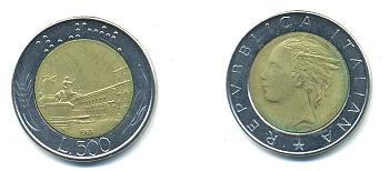 ИТАЛИЯ 500 ЛИР 1983 KM 111 биметалл 4379-421