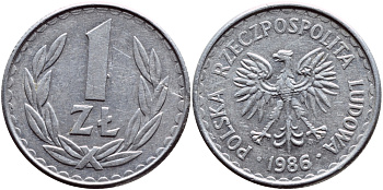 ПОЛЬША 1 ЗЛОТЫЙ 1986 MW KM 49.2 алюминий 4390-455