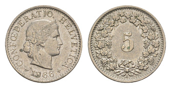 Швейцария 5 раппенов 1966 B KM 26 медно-никель 4611-852