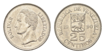 Венесуэла 25 сентимо 1990 Симон Боливар Y 50a сталь плакированная никелем aUNC 4664-223