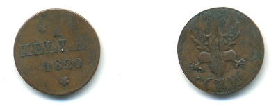 Франкфурт 1 геллер 1820 GB AKS 30, Jaeger 10, KM 301 медь 46-266