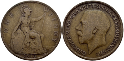 Великобритания 1 пенни 1913 Георг V (1910-1936) KM 810, Spink 4051 бронза 57-1024