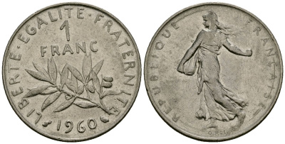 Франция 1 франк 1960 сеятель KM 925 никель 4135-755