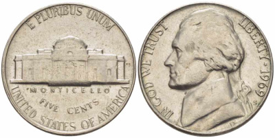 США 5 ЦЕНТОВ 1969 S, ДЖЕФФЕРСОН KM А192 медно-никель 4364-525