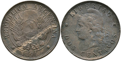 Аргентина 2 сентаво 1891 голова свободы влево KM 8 бронза 4531-1011