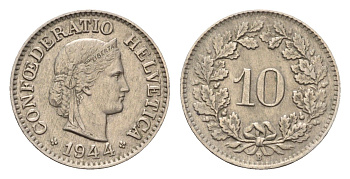 Швейцария 10 раппенов 1944 KM 27 медно-никель 4685-243