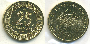 Экваториальная Гвинея 25 франков 1985 пробный выпуск, ESSAI KM E29 алюминиевая бронза UNC 5010-1134